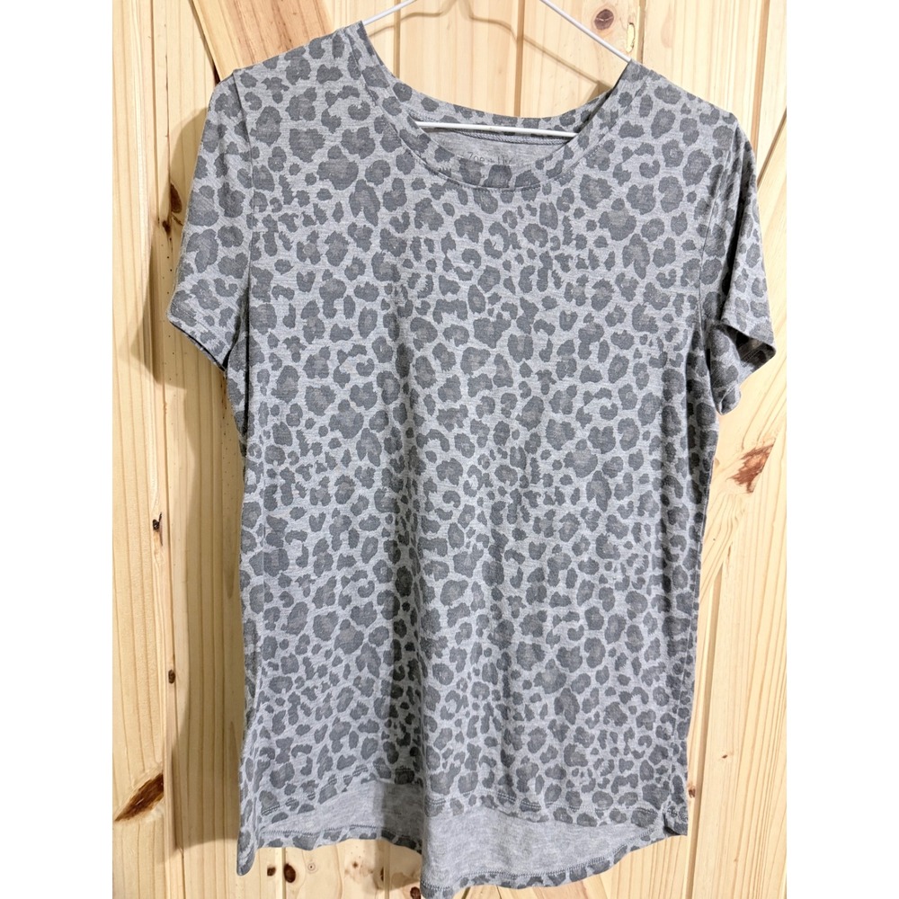 Zoe + Liv Womens Large Grey Leopard Print Short Sleeve T-Shirt High Low Hem